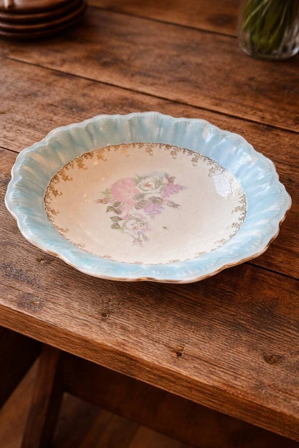Antique Victorian Scalloped Porcelain Bowl – Sky Blue & Gold Filigree with Pink Roses