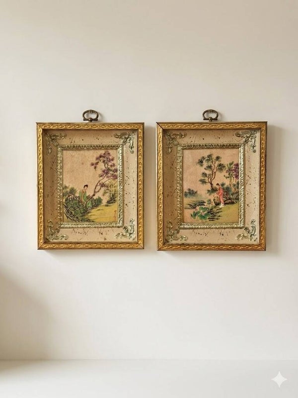 Pair of Signed Zeng Zhaoshu (曾昭舒) Vintage Chinese Silk Paintings – Hand-Painted "Garden Beauties" in Ornate Gilt Frames
