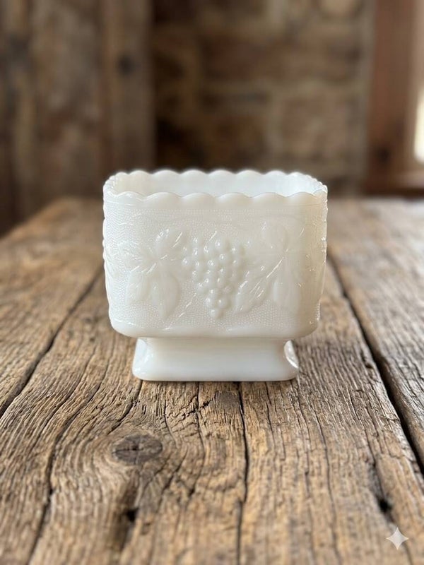 Vintage Milk Glass Grape Pattern Pedestal Planter / Rose Bowl – Cottage Farmhouse Decor