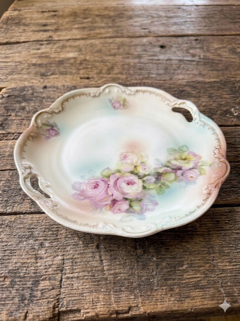 Antique Three Crowns Germany Hand-Painted Porcelain Nappy Dish, Pink Cabbage Roses, Circa 1909-1916