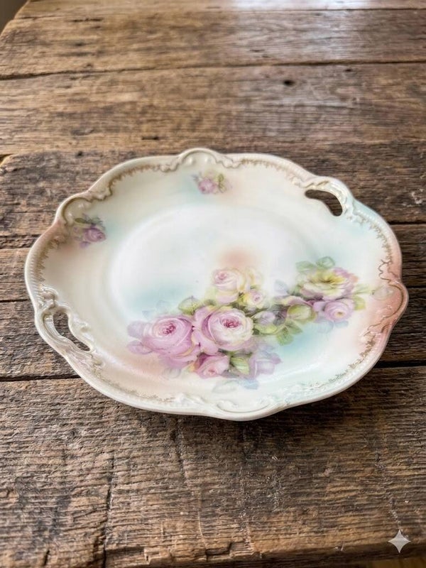 Antique Three Crowns Germany Hand-Painted Porcelain Nappy Dish, Pink Cabbage Roses, Circa 1909-1916