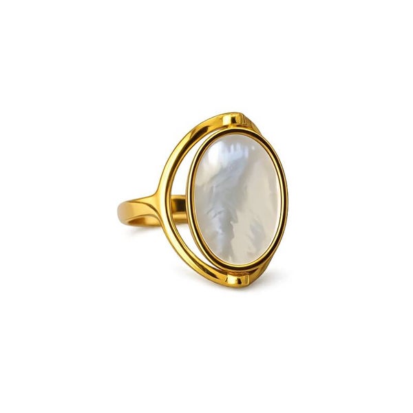 Bague Ovale Pivotante Laiton Plaqué Or Nacre Pierre Naturelle
