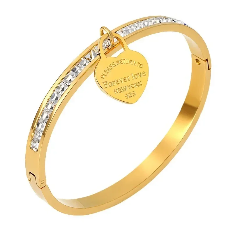 Bracelet Jonc Plaqué Or Jaune 18K Gravure Breloque coeur Cristal