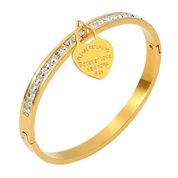 Bracelet Jonc Plaqué Or Jaune 18K Gravure Breloque coeur Cristal