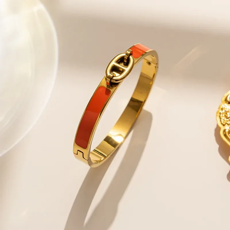 Bracelet Jonc Plaqué Or 18K Epoxy Orange Maillon d'Ancre