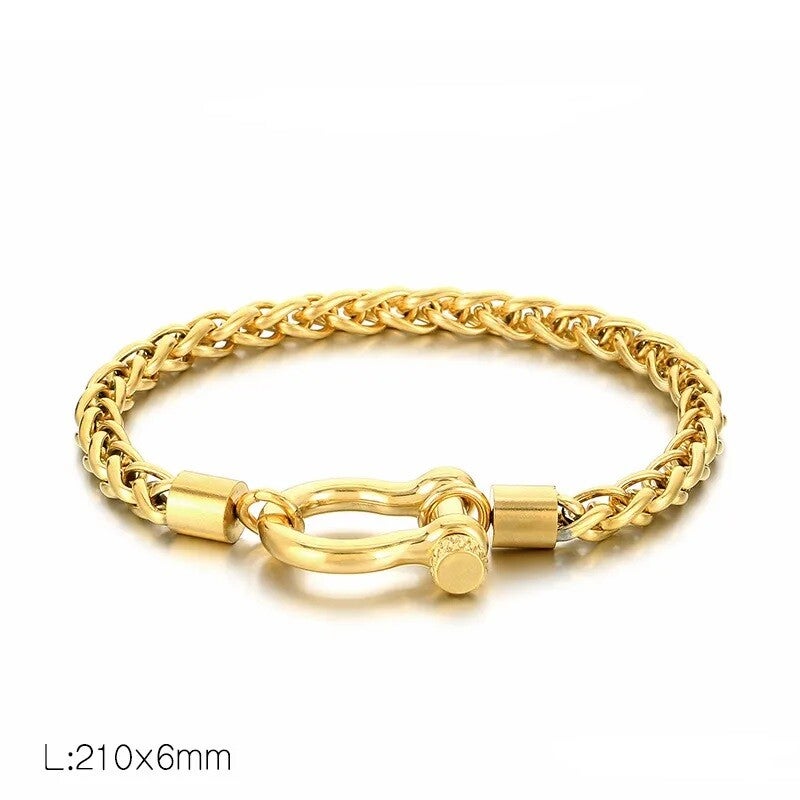 Bracelet Chaîne Arrondi Robuste Type Nautique Acier Plaqué Or Jaune 18K