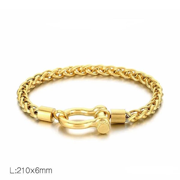 Bracelet Chaîne Arrondi Robuste Type Nautique Acier Plaqué Or Jaune 18K