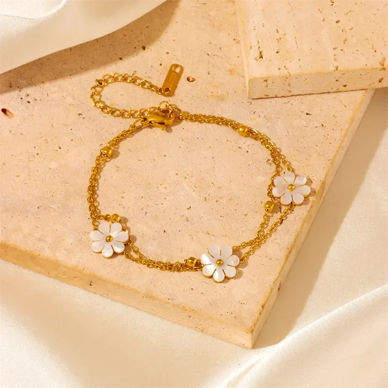 Bracelet Chaîne Double Plaqué Or Jaune 18K Fleur Nacrée