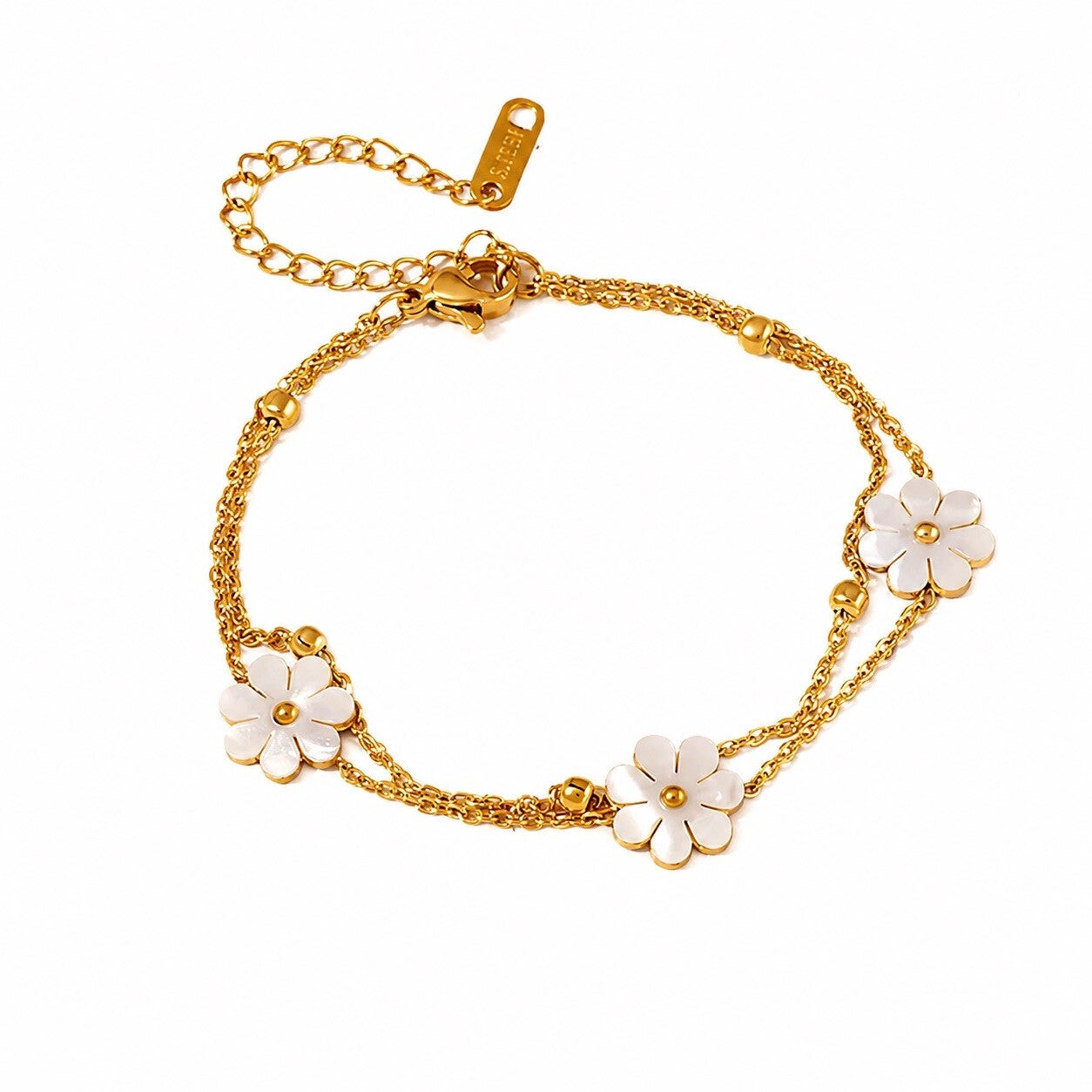 Bracelet Chaîne Double Plaqué Or Jaune 18K Fleur Nacrée