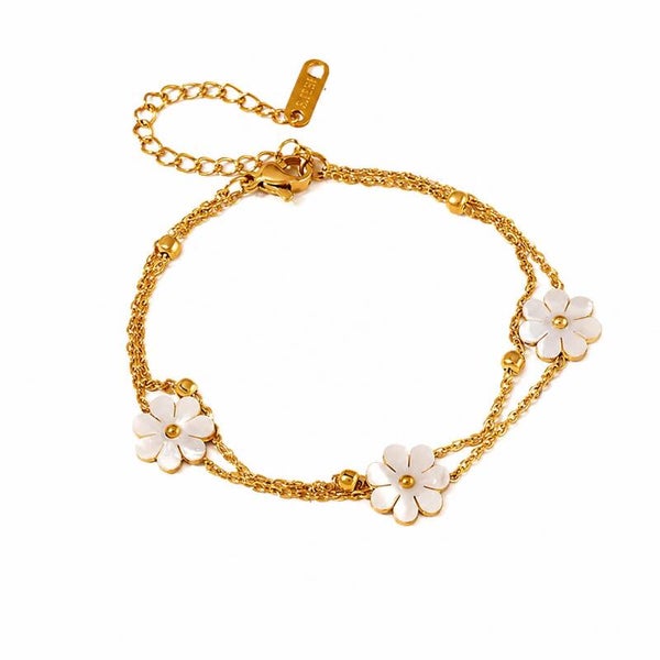 Bracelet Chaîne Double Plaqué Or Jaune 18K Fleur Nacrée