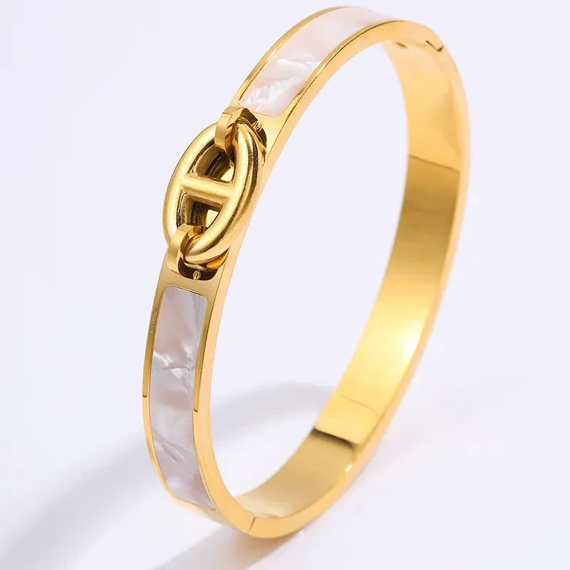 Bracelet Jonc Plaqué Or 18K Epoxy Nacré Maillon d'Ancre
