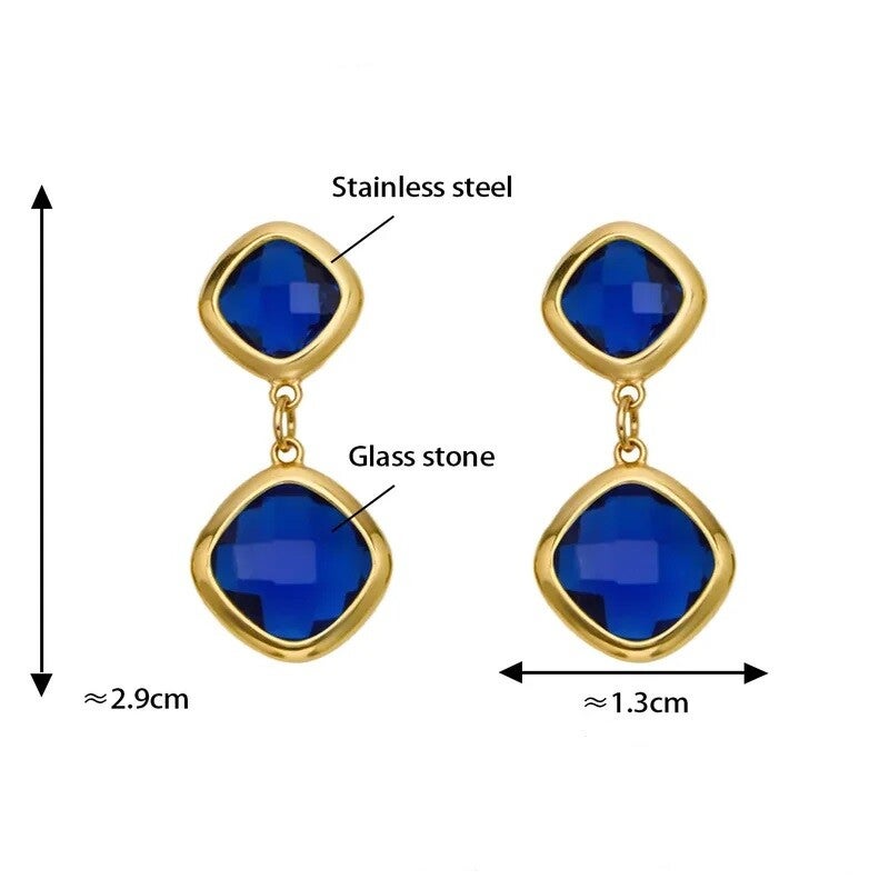 Boucles D'Oreilles Glamour Plaqué or 18K Cristal Bleu Electrique