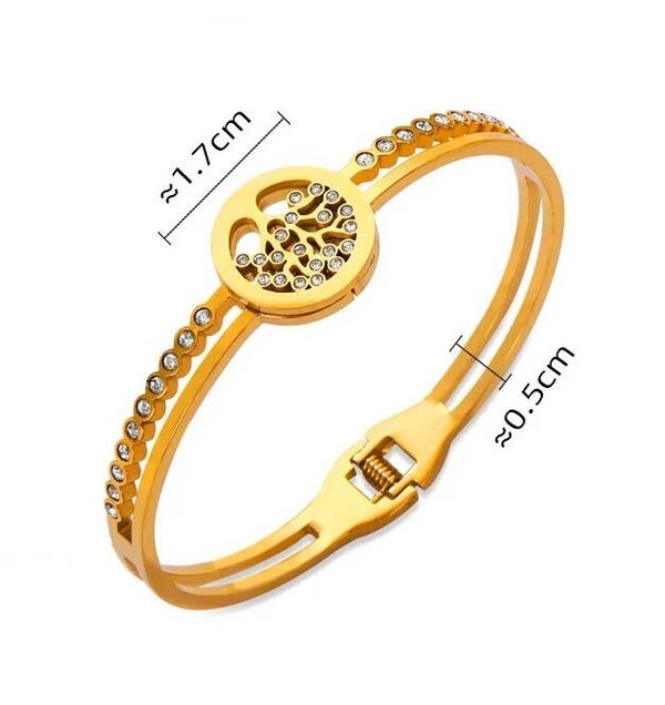 Bracelet Jonc à Ressort Arbre de Vie Acier plaqué Or Jaune 18K Zircon