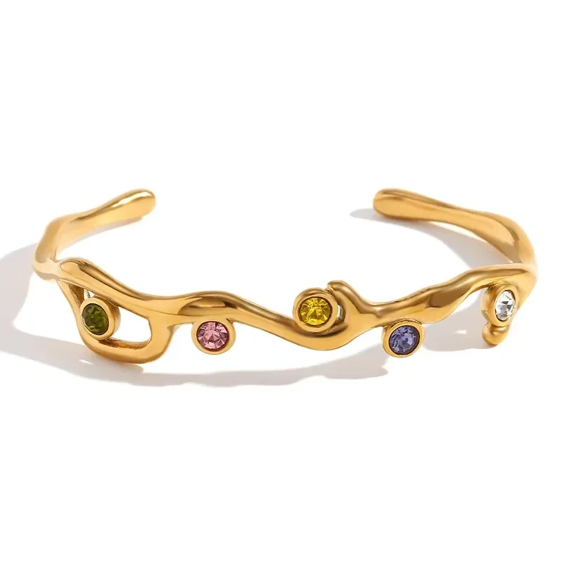 Bracelet Jonc Ouvert Plaqué Or Jaune Zircons Colorés