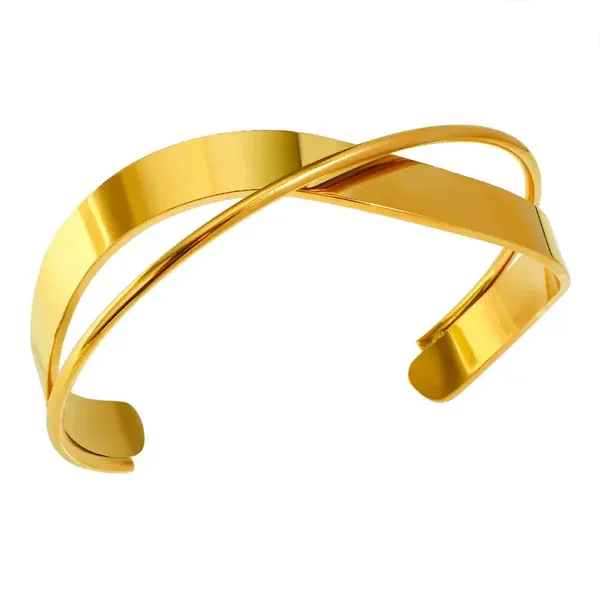 Bracelet Jonc Ouvert Entrelacé Acier Poli plaqué Or 18K