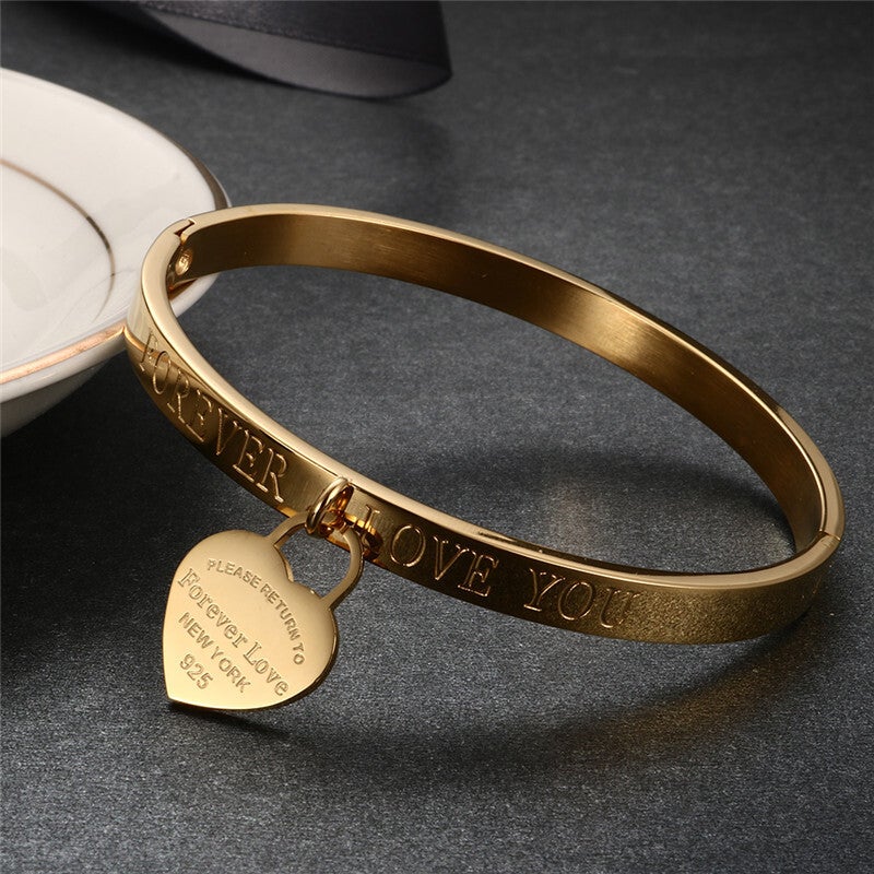 Bracelet Jonc Plaqué Or Jaune 18K Gravure Breloque coeur