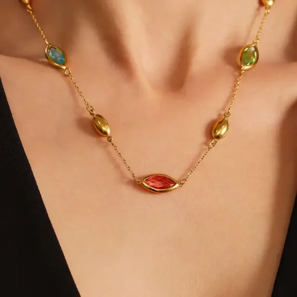 Collier Glamour Doré à l'Or Fin Pierre Cristal Multicolore