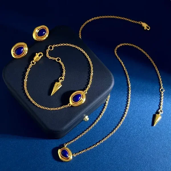 Parure 3 pièces Laiton Finition Or Poli Motif Cabochon Lapis-Lazuli