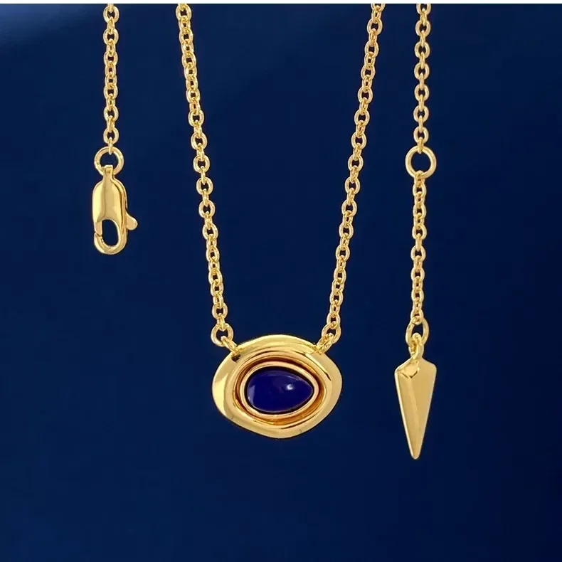 Collier Laiton Finition Or Poli Pendentif Cabochon Pierre Naturelle