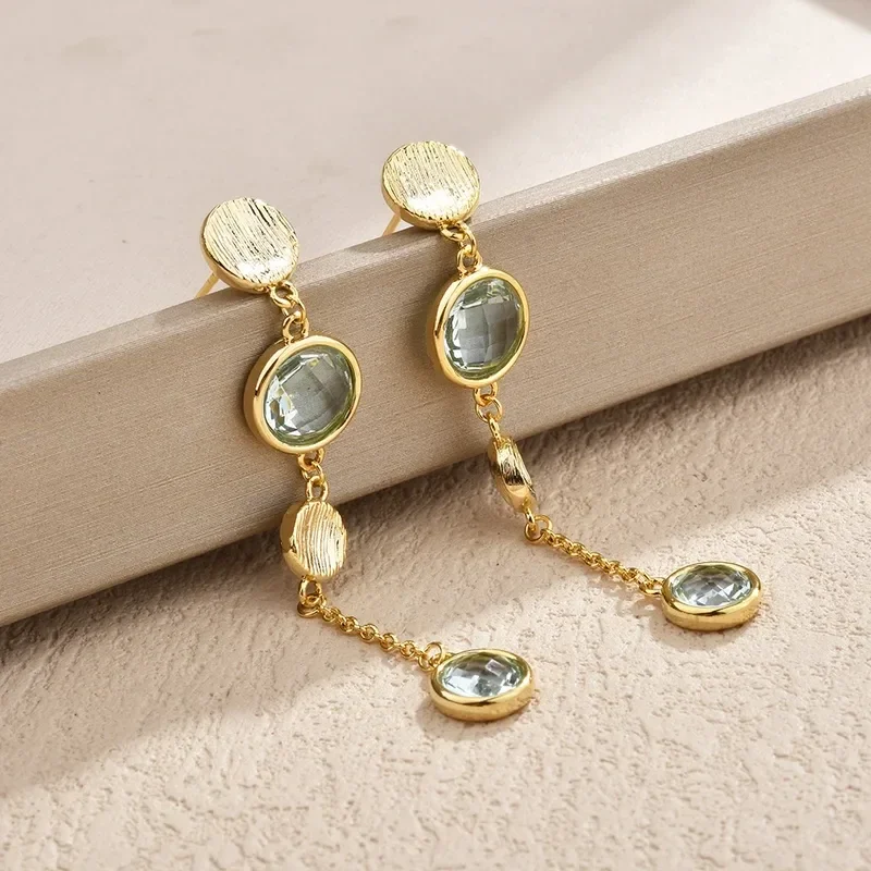 Boucles D'Oreilles Pendantes Chaînette Laiton Doré Brossé Cristal