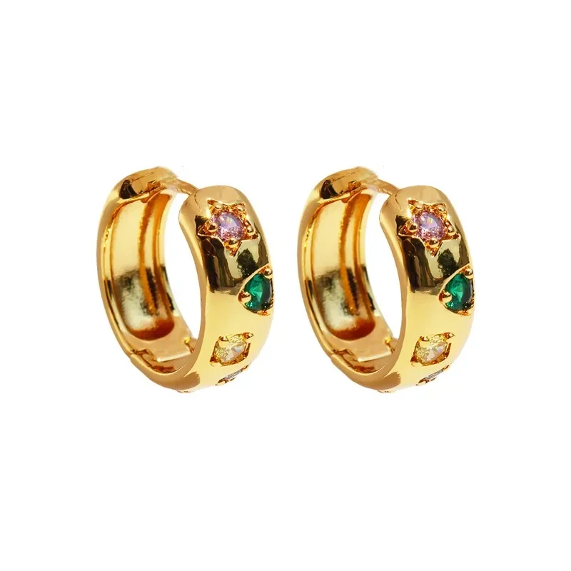 Boucles D'Oreilles Créoles Laiton Plaqué Or Zircons Multicolores