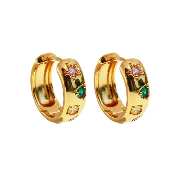 Boucles D'Oreilles Créoles Laiton Plaqué Or Zircons Multicolores