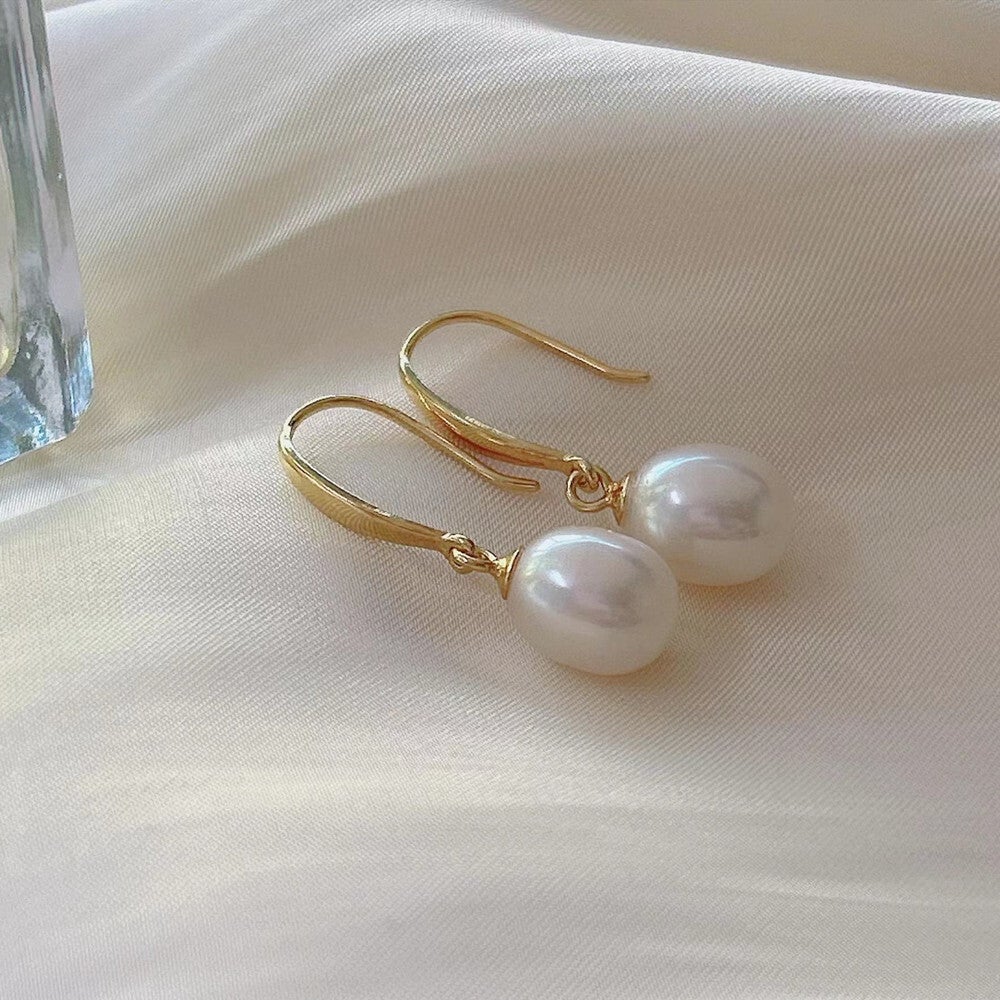 Boucles D'Oreilles Pendantes Perle Naturelle Argent Plaqué Or 18K