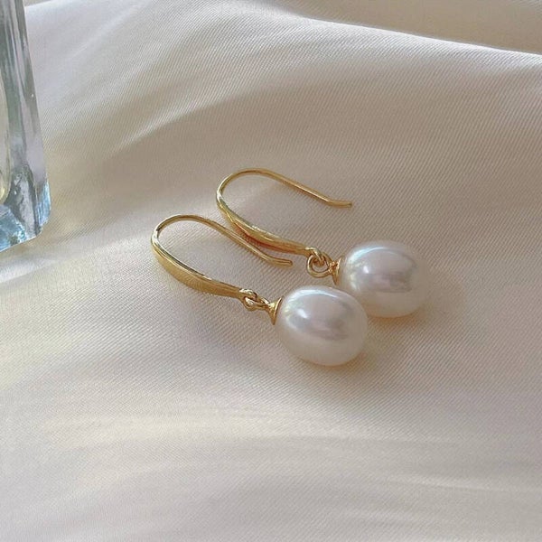 Boucles D'Oreilles Pendantes Perle Naturelle Argent Plaqué Or 18K