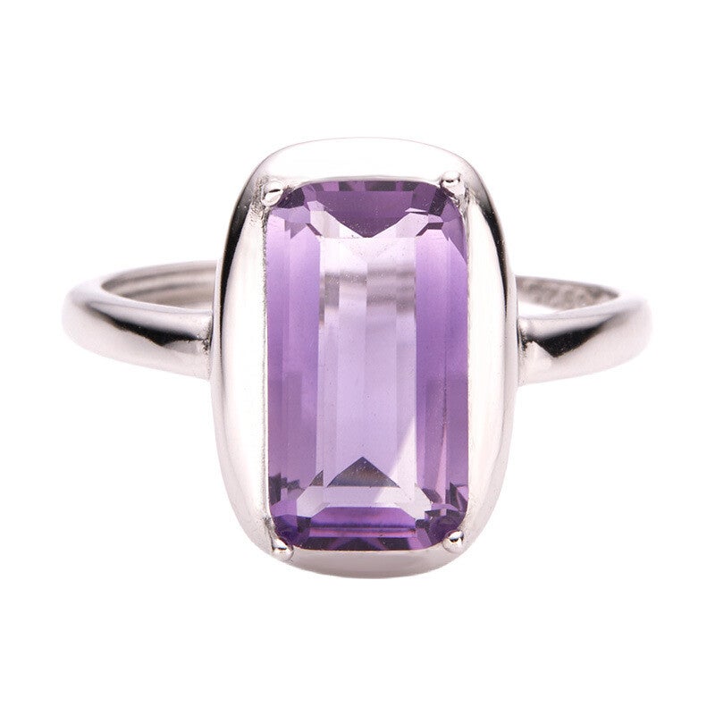 Bague Solitaire Moderne en Argent Améthyste Naturelle Rectangulaire