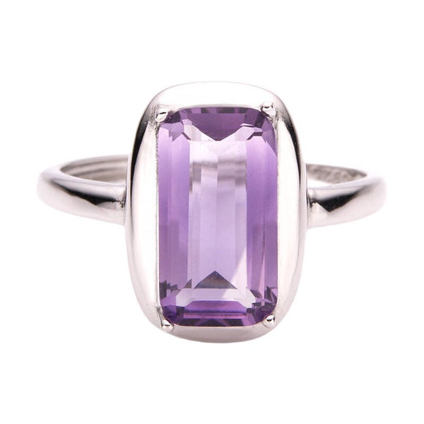 Bague Solitaire Moderne en Argent Améthyste Naturelle Rectangulaire