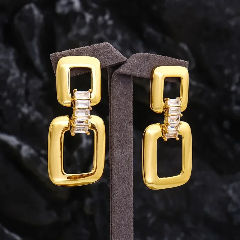 Boucles D'Oreilles Géométriques Laiton Doré Lisse 18K Zircon