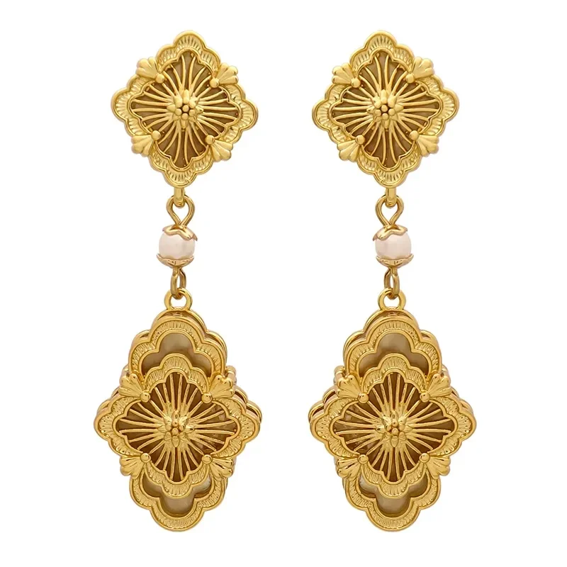 Boucles D'Oreilles Pendantes Style Baroque Opéra Laiton Doré Perle