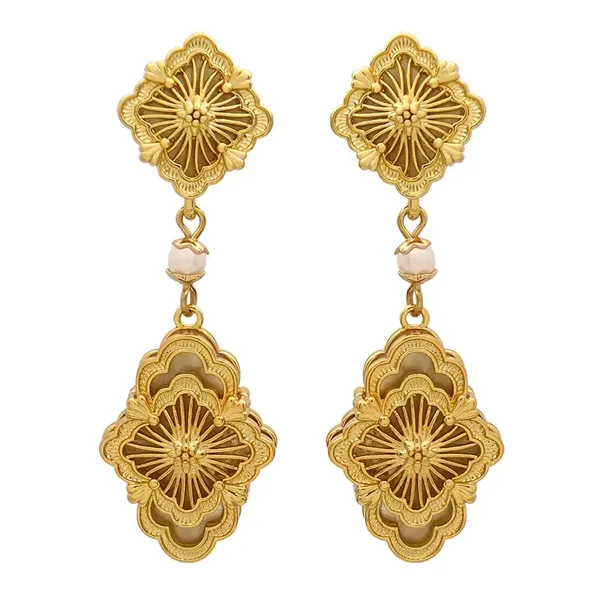 Boucles D'Oreilles Pendantes Style Baroque Opéra Laiton Doré Perle