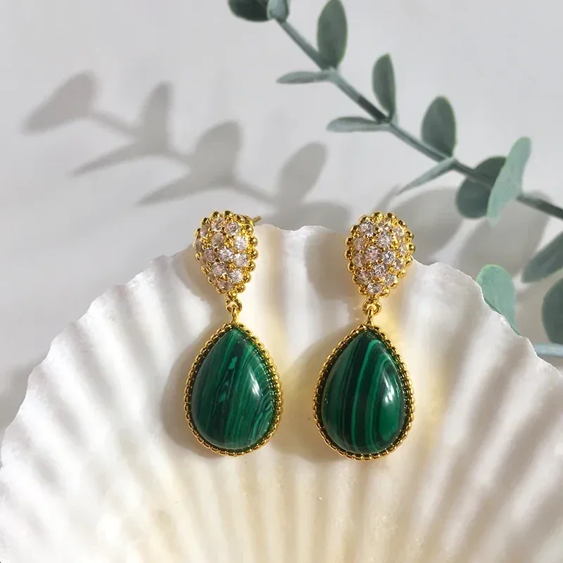 Boucles D'Oreilles Pendantes Laiton Doré Forme Goutte Pierre Naturelle