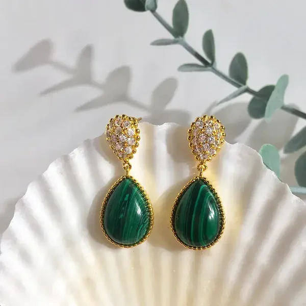 Boucles D'Oreilles Pendantes Laiton Doré Forme Goutte Pierre Naturelle