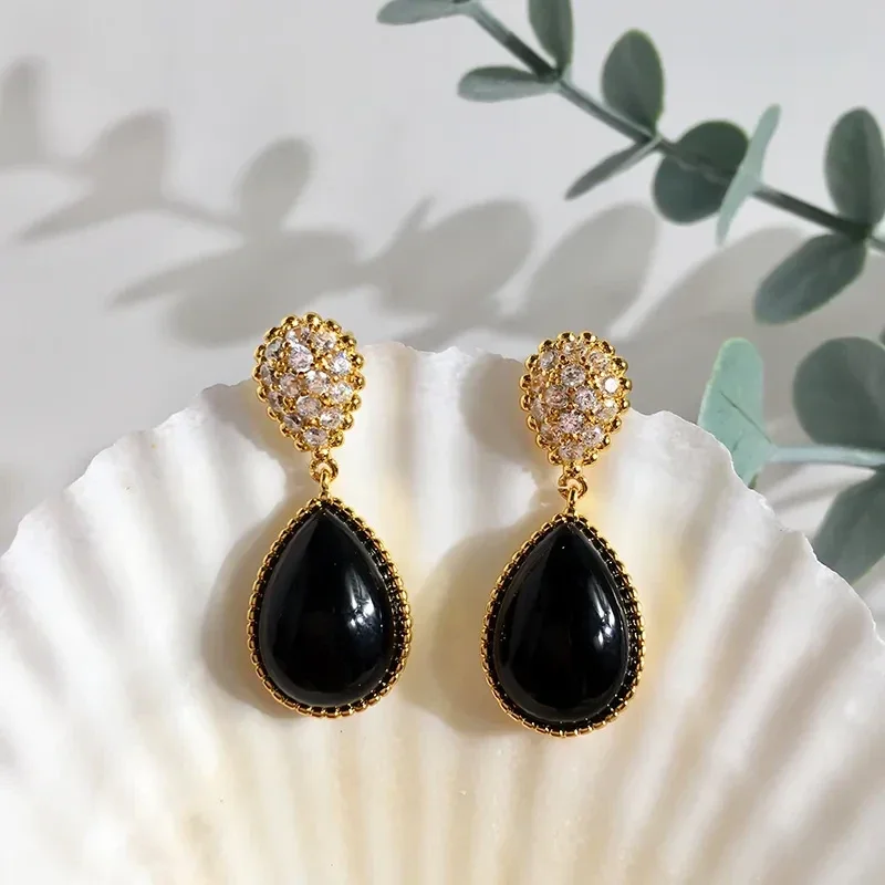 Boucles D'Oreilles Pendantes Laiton Doré Forme Goutte Pierre Naturelle