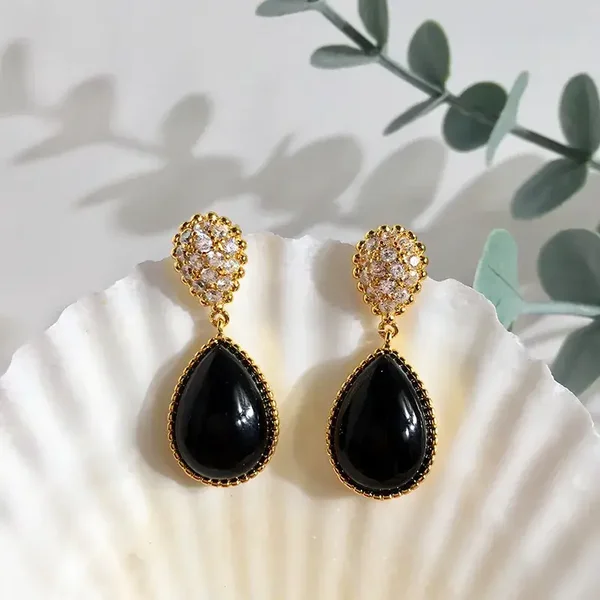 Boucles D'Oreilles Pendantes Laiton Doré Forme Goutte Pierre Naturelle