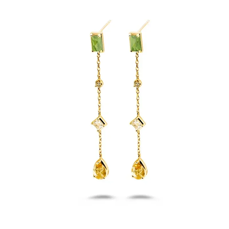 Boucles D'Oreilles Pendantes Argent Plaqué Or Chaîne articulée Pierres Naturelles