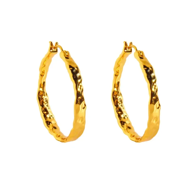 Boucles D'Oreilles Créoles Volumineuses Laiton Plaqué Or 24K Martelé