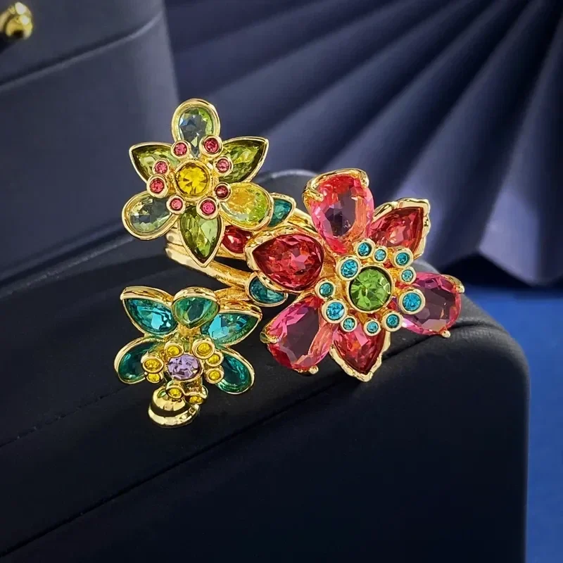 Bague Trio De Fleurs Idyllique Laiton Plaqué Doré Or Zircon