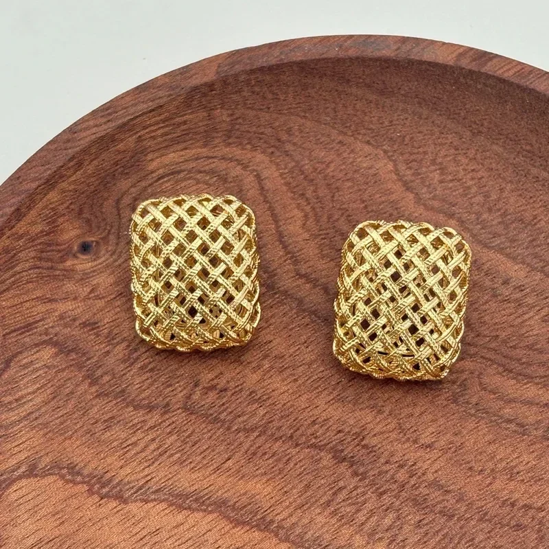 Boucles D'Oreilles Rectangulaires Vintage Motif tressé Quadrillé Laiton Doré