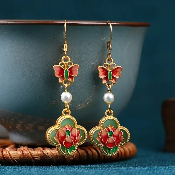 Boucles d'oreilles bohême Argent Email Pierre Naturelle Plaqué Or Jaune
