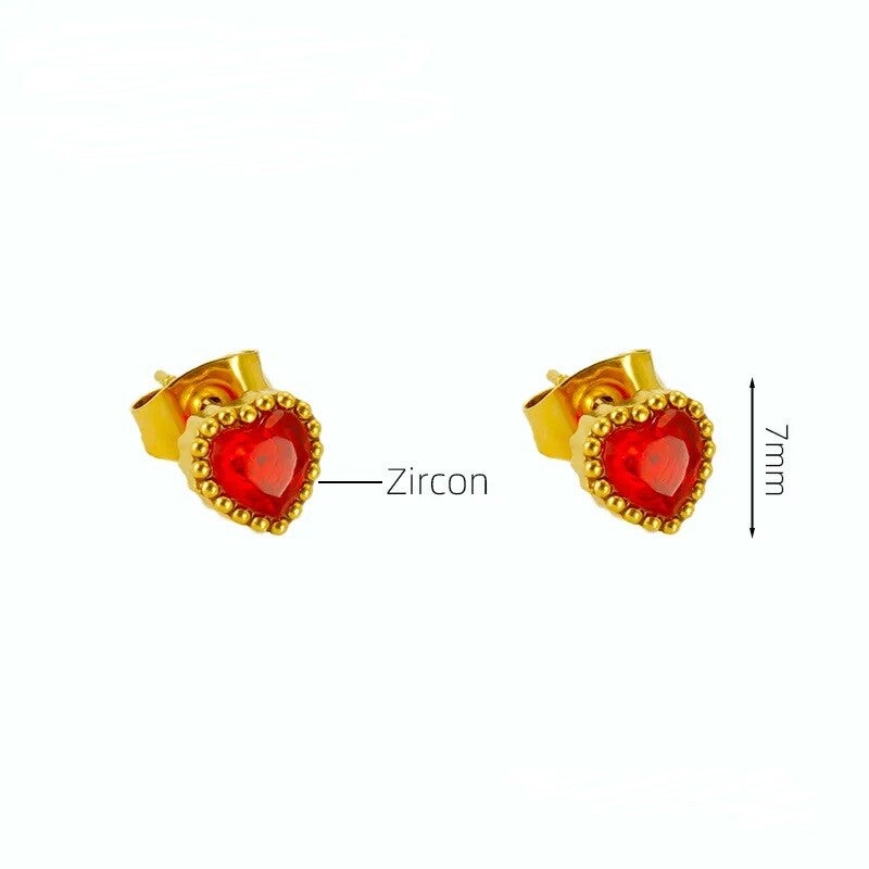 Boucles D'oreilles Puces Plaqué Or 18K Coeur Zircon Rouge