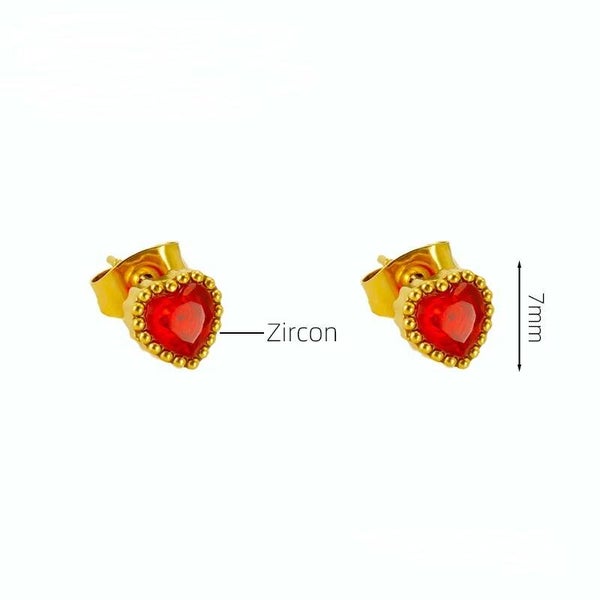 Boucles D'oreilles Puces Plaqué Or 18K Coeur Zircon Rouge
