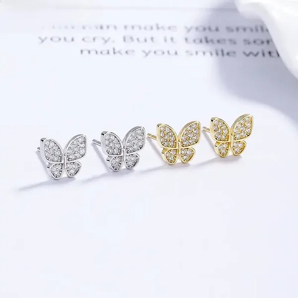 Boucles d'oreilles puces Papillon Argent Plaqué Or 18K Zircon