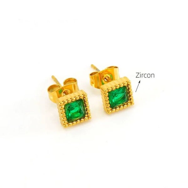 Boucles D'oreilles Puces Plaqué Or 18K Carré Zircon Vert