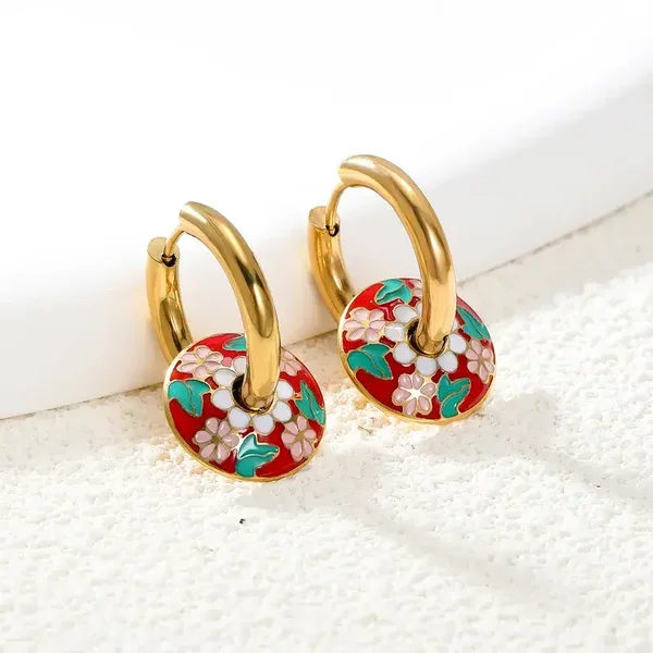 Boucles D'Oreilles En Anneau Mobile Acier Plaqué Or 18K Email