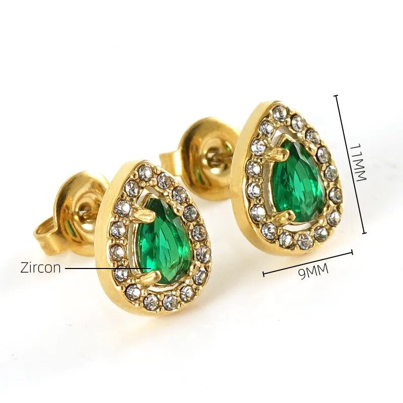 Boucles D'oreilles Puces Forme Poire Plaqué Or 18K Zircon