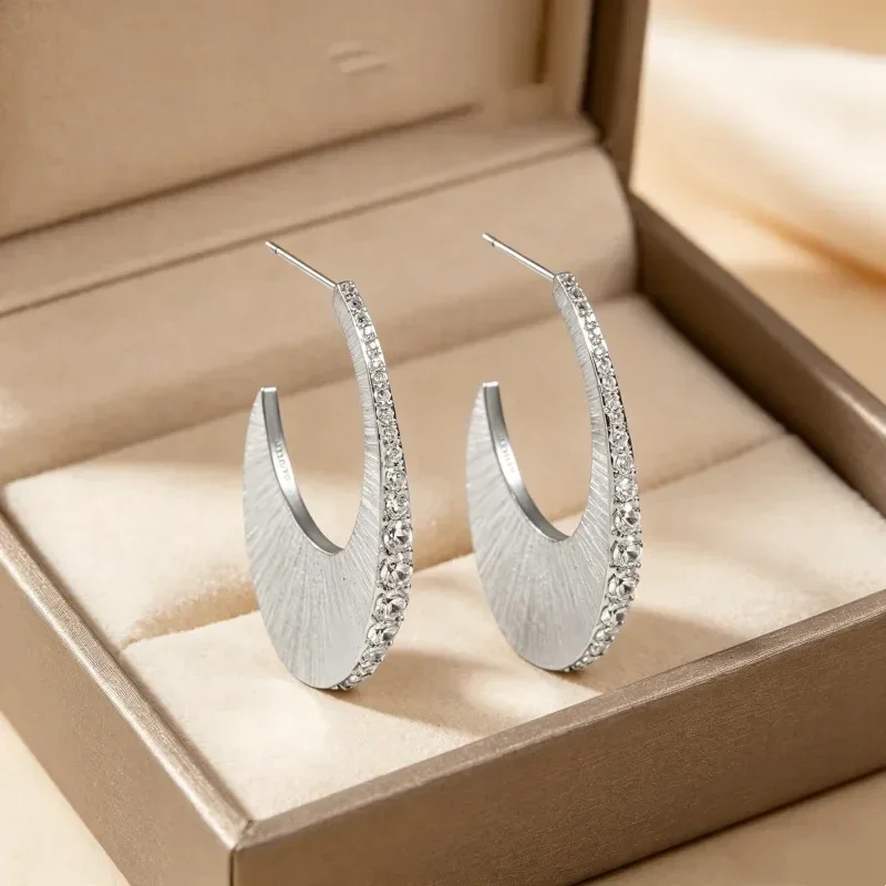 Boucles D'Oreilles Créoles Enveloppantes Laiton Argenté Zircon