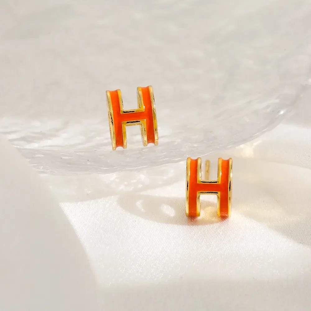 Boucles D'oreilles H Doré Or fin Email Orange
